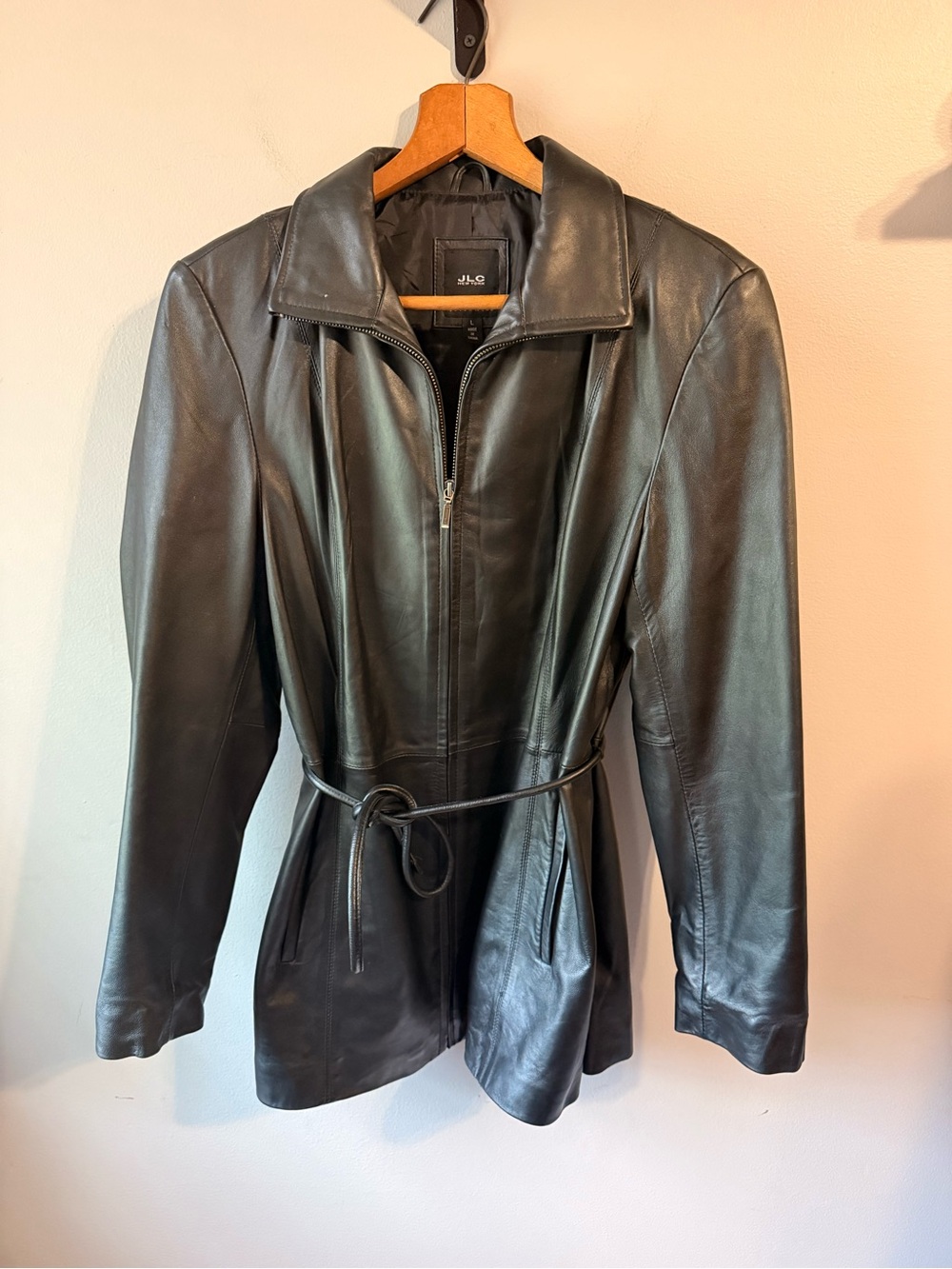 Black Genuine Leather Belted Jacket Women’s Large JLC New York Minimalist 90s